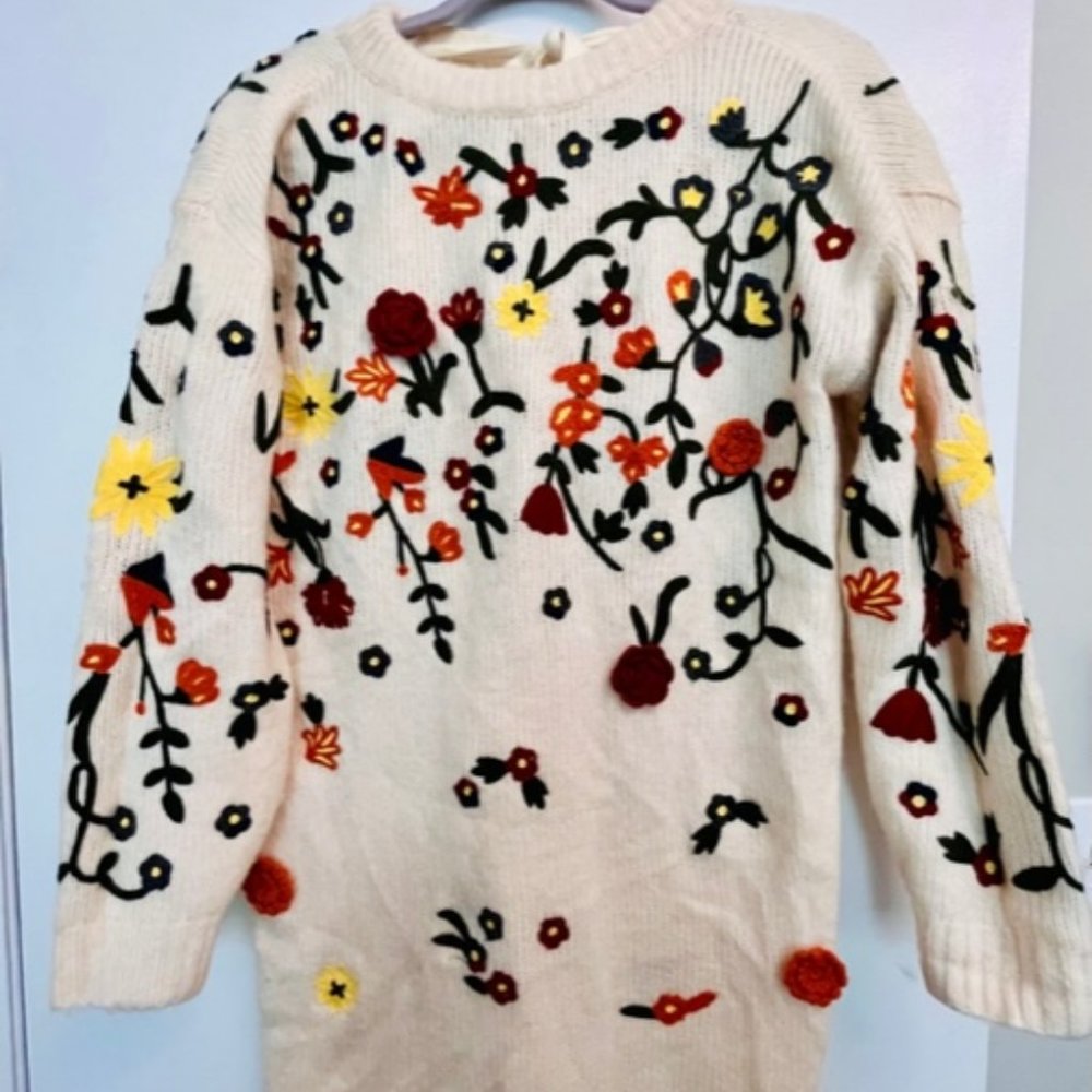 Anthropologie Floral Appliqued Sweater Tunic Dress